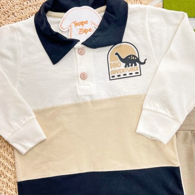 Conj. Camisa Dino Adventurer Gola Polo e Calça de Moletinho - Areia e Off White